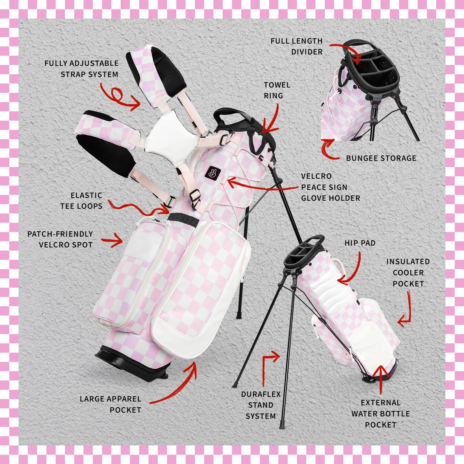 Recess Kids Golf Bag | Pink/White Checker - Image 3